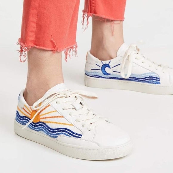 NWT Soludos Ibiza White Leather Embroidered Sunrise Sunset Sneakers Sz 9 - Picture 1 of 6